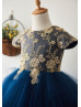 Cap Sleeves Gold Lace Navy Blue Tulle Tea Length Flower Girl Dress Cap Sleeves Gold Lace Navy Blue Tulle Tea Length Flower Girl Dress